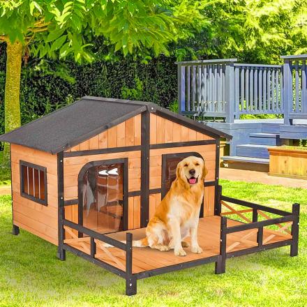This Outdoor Double Doghouse Has a Deck Where Both Your Pooches Can Lounge All Summer